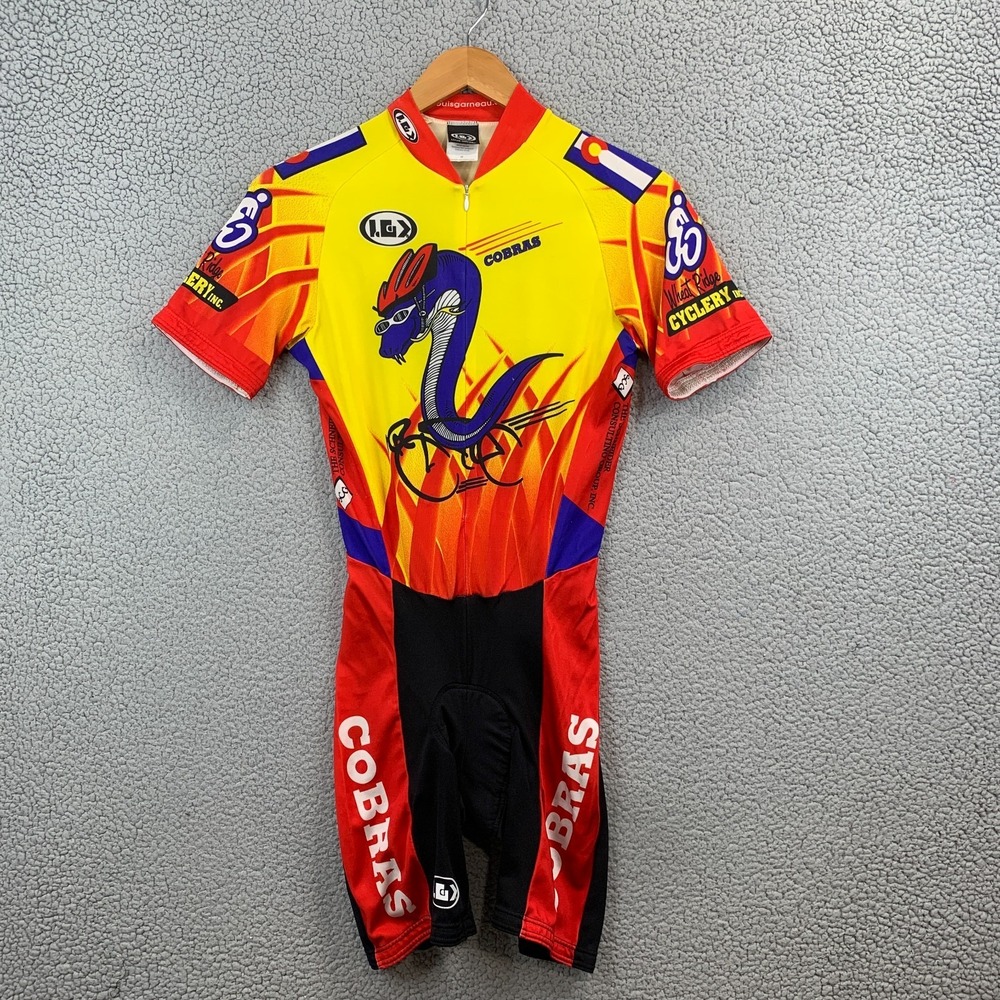 VTG Louis Garneau Aero Cycling Suit Mens M Red Yellow Cobras Short Sleeve Racing